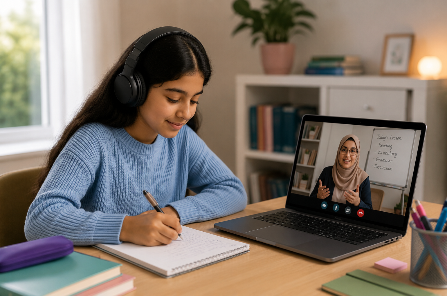 A pupil engaged in a live online lesson with a teacher while writing notes.